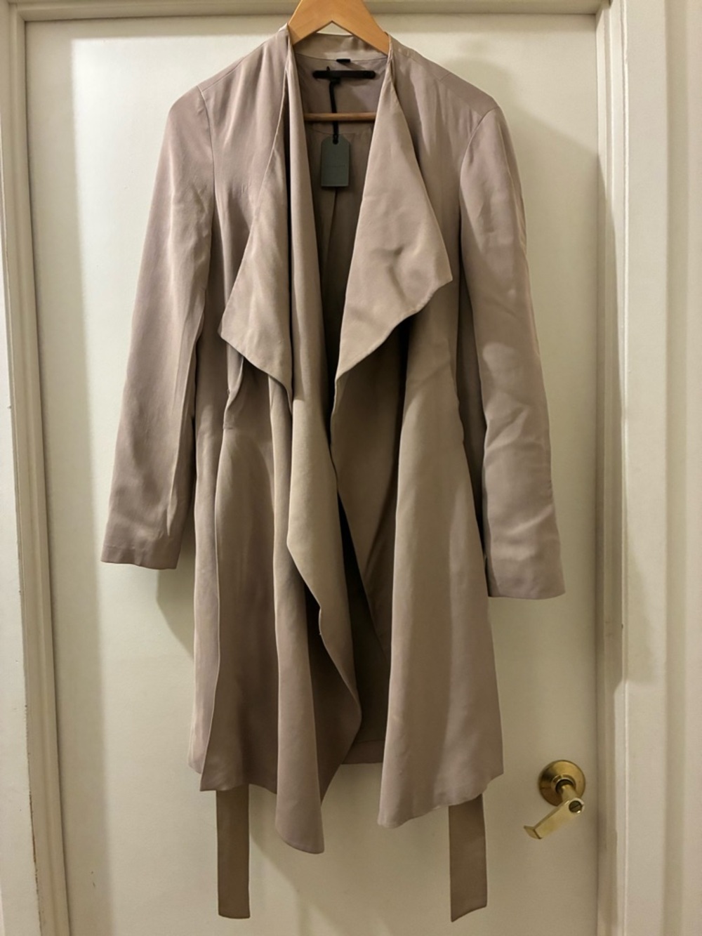 NWT AllSaints Iza Light Sand Drape Front Trench Coat - Women's Size 8 - Picture 5 of 13